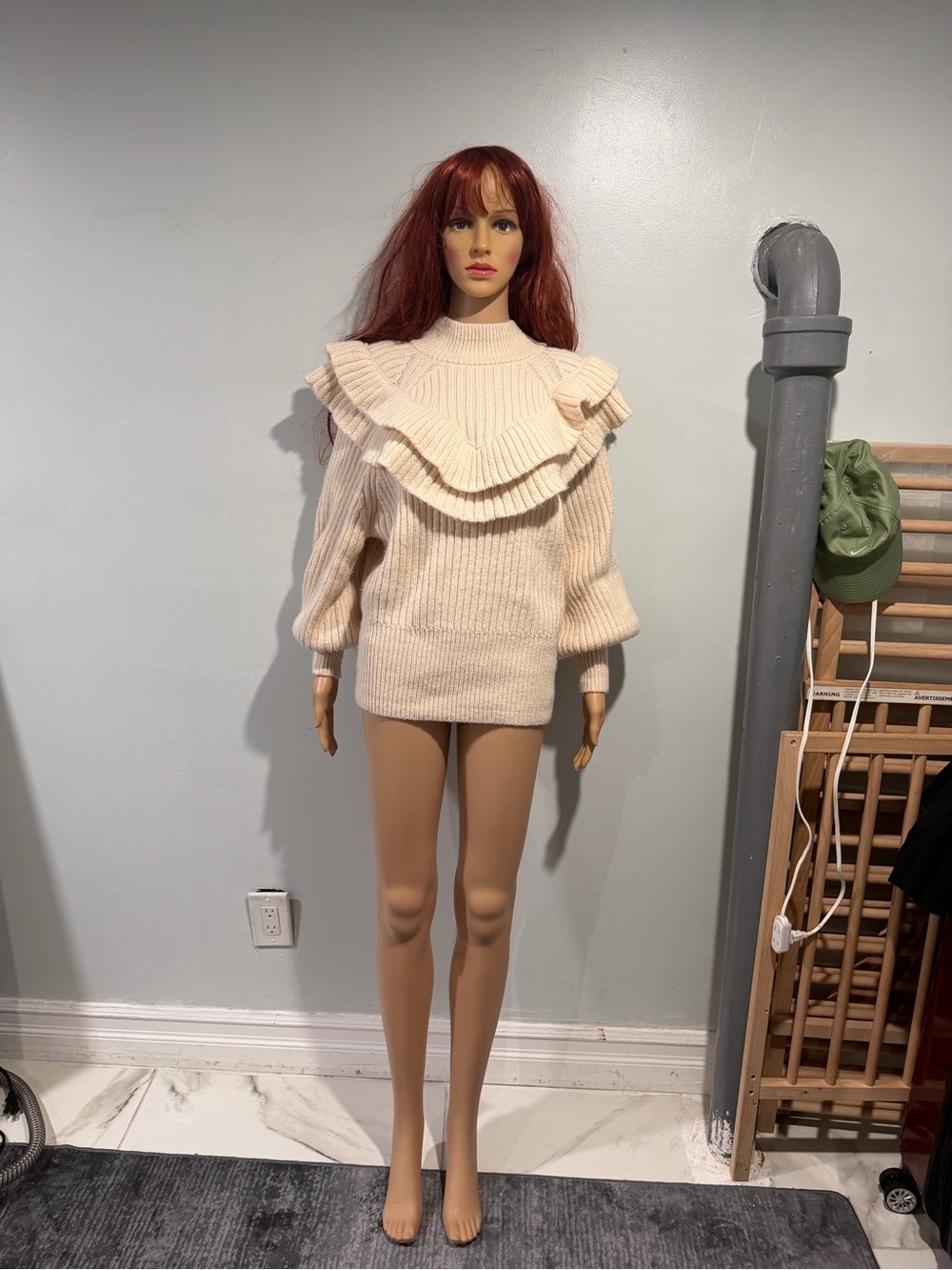 H&M Cream Ruffle-Front Ribbed Crewneck Sweater